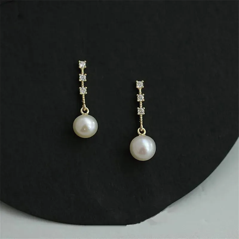 VAIGE 925 Sterling Silver Shiny Microset Zircon Pearl Stud Earrings for Elegant Occasions