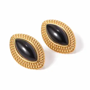 VAIGE Trendy Gold Plated Stainless Steel Onyx Horse Eye Stud Earrings - Shiny Fashion Jewelry Gift