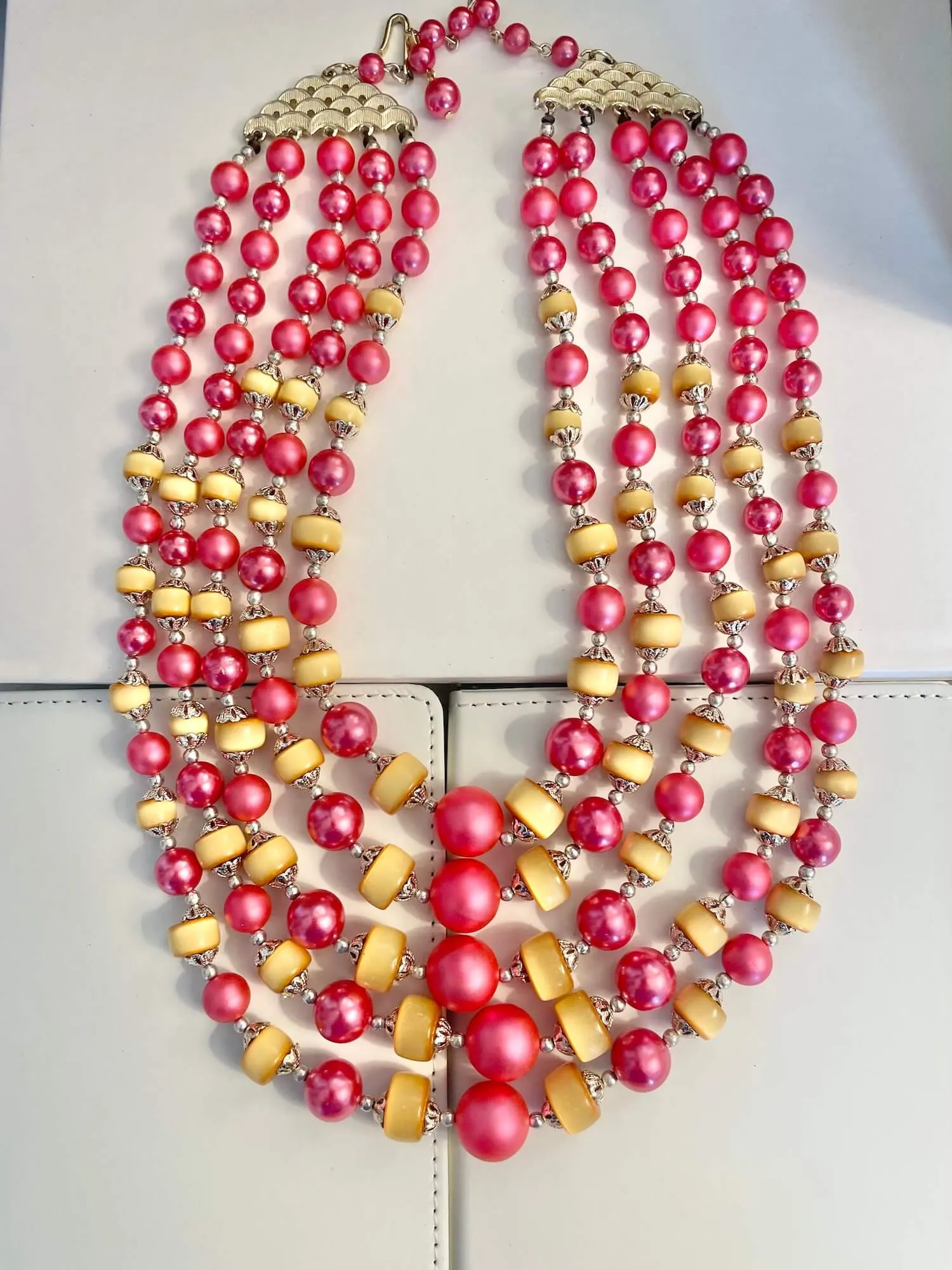 Vintage 1960's gorgeous multi strand, deep pink and gold! delightful