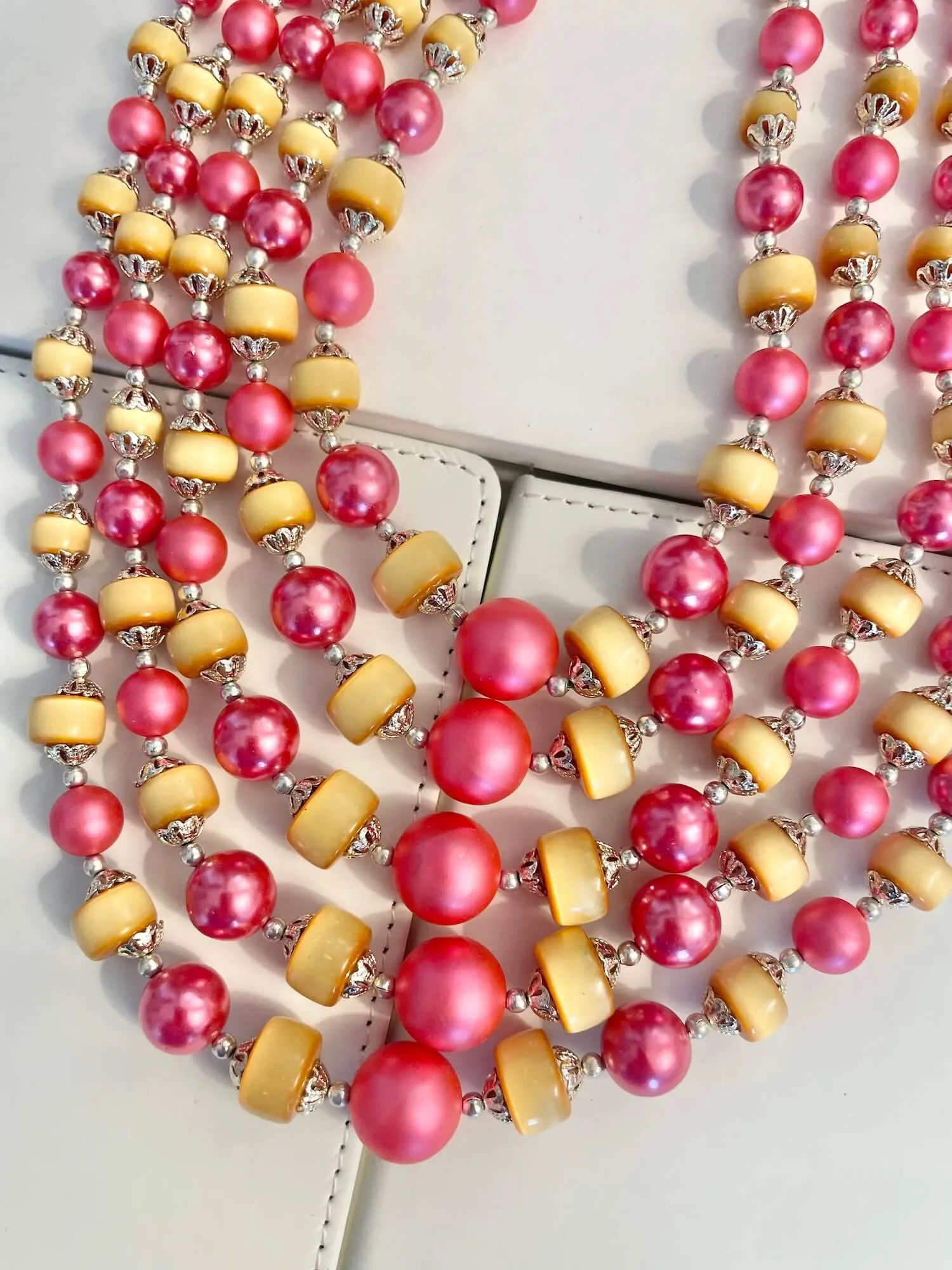 Vintage 1960's gorgeous multi strand, deep pink and gold! delightful