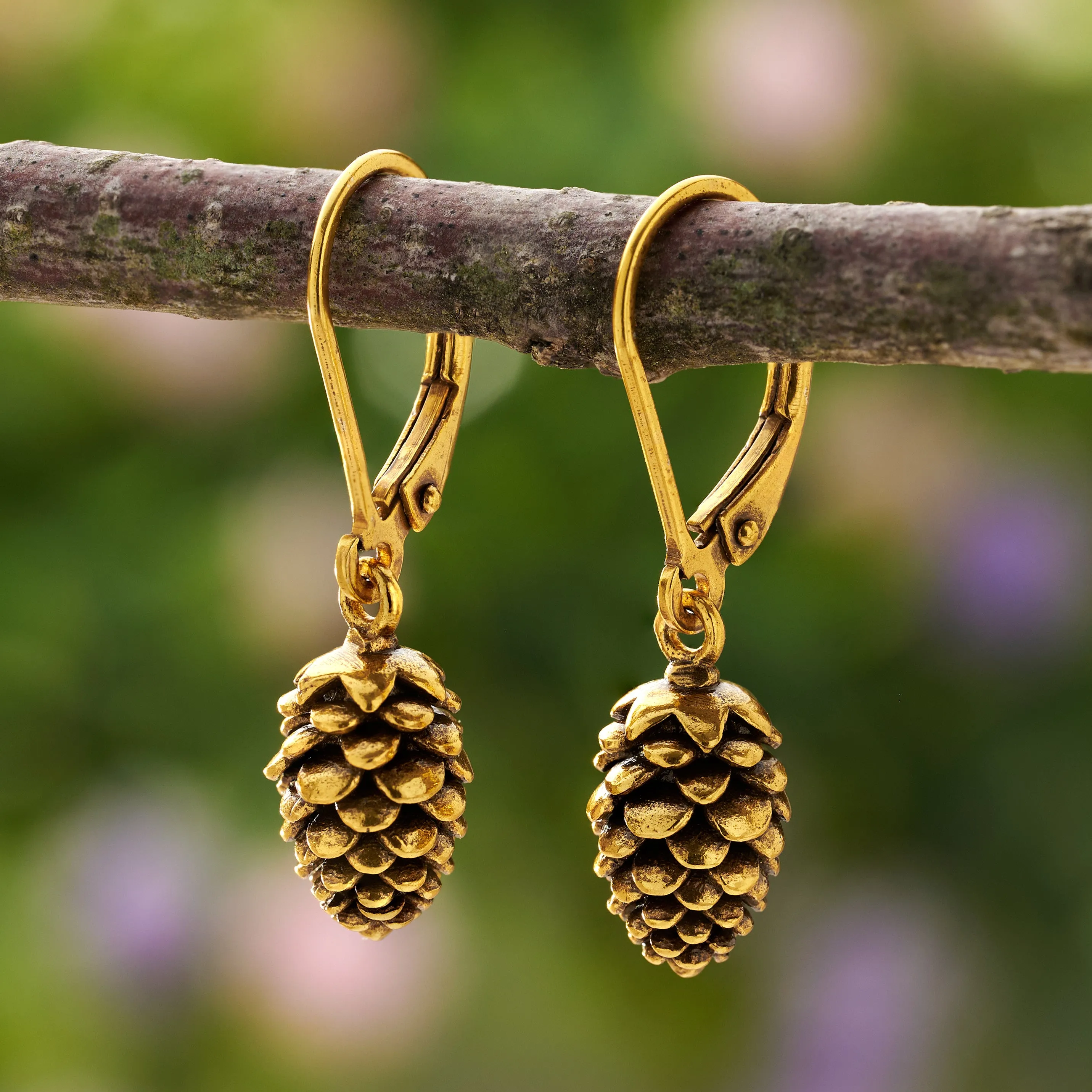 Vintage Gold Leverback Pine Cone Earrings