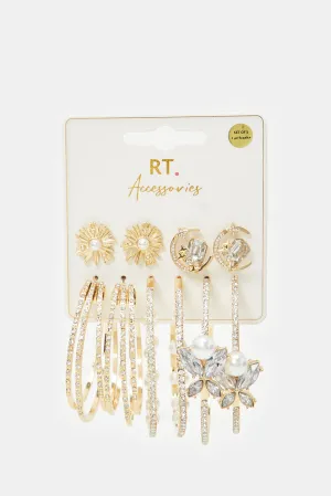 Women Gold Embellished Earring Set (5 Pairs)