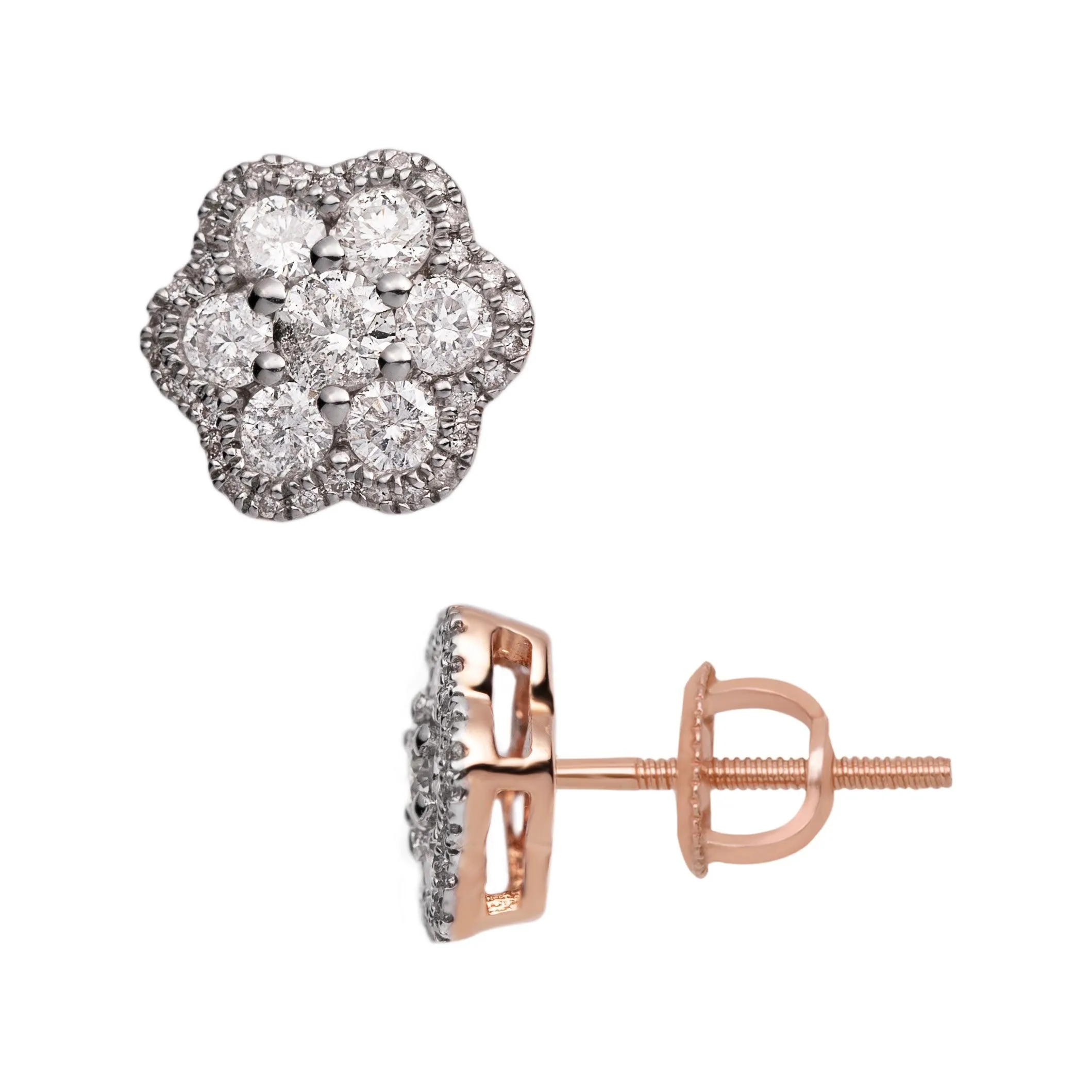 Women's Flower Cluster Diamond Stud Earrings 0.98ct 14K Rose Gold