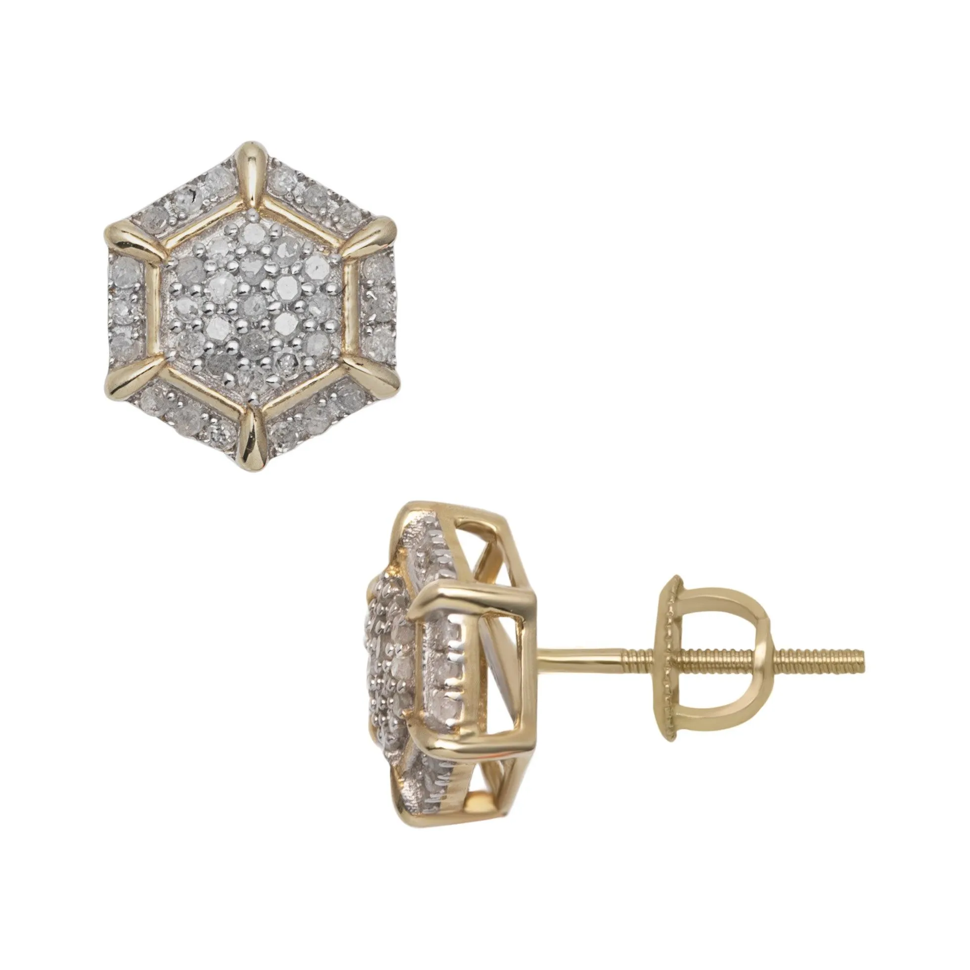 Women's Halo Micro-Pavé Hexagonal Diamond Stud Earrings 0.33ct 10K Yellow Gold