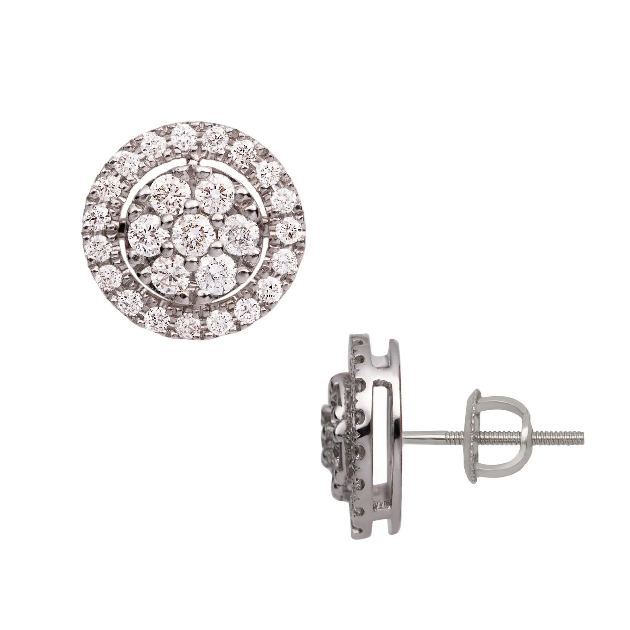 Women's Round Halo Cluster Diamond Stud Earrings 1.17ct 14K White Gold