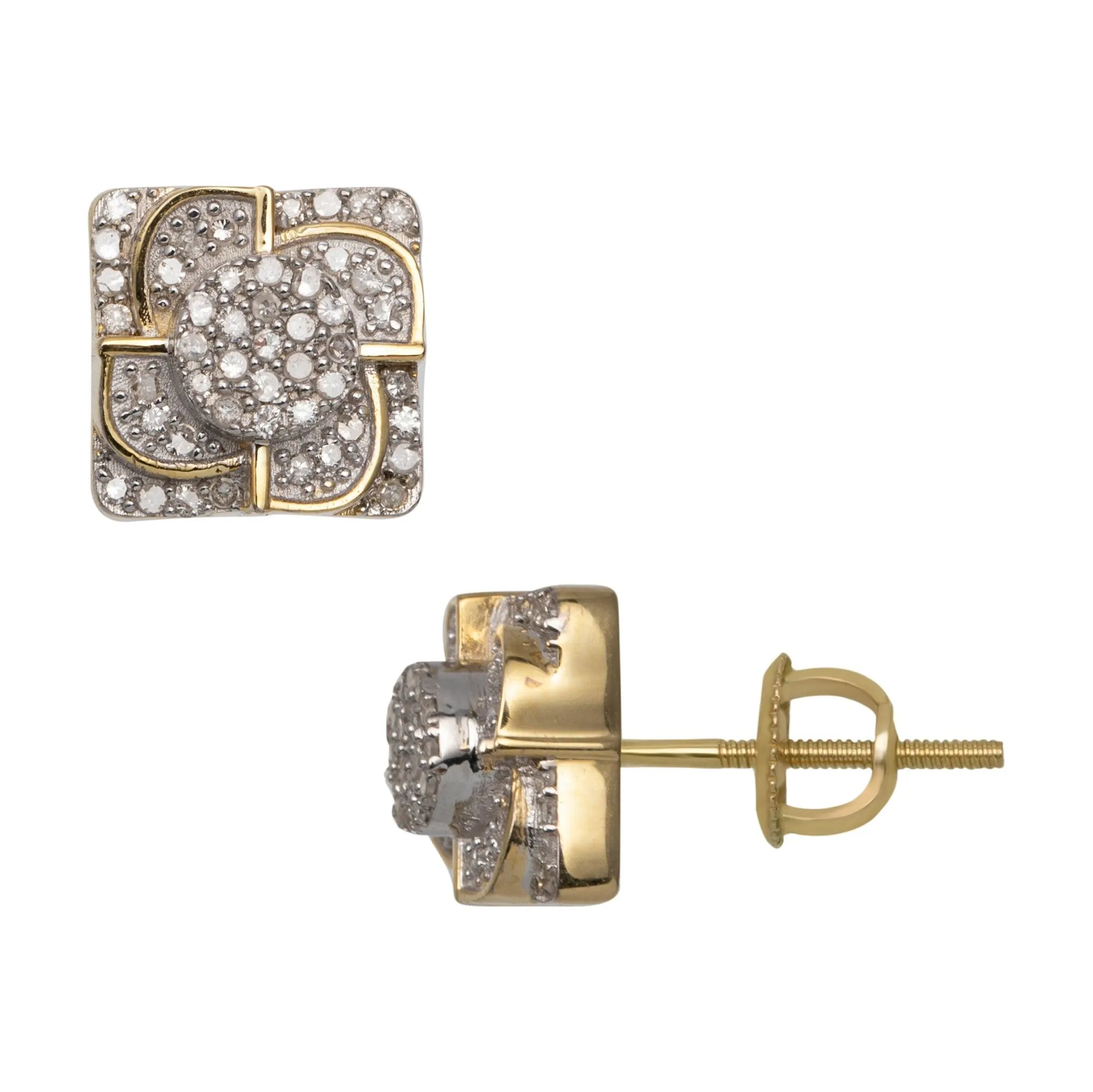 Women's Spiral Design Micro-Pavé Square Diamond Stud Earrings 0.32ct 10K Yellow Gold