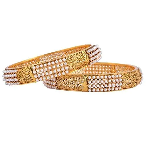 Yellow Chimes Bangles for Women Gold Plated Broad Hand Crafted Pearl Antique Traditional 2 Pcs Bangles for Woemen and Girl's