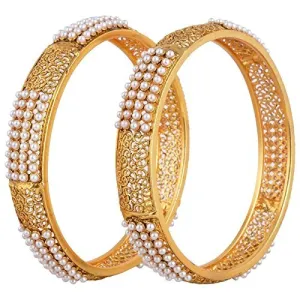 Yellow Chimes Bangles for Women Gold Plated Broad Hand Crafted Pearl Antique Traditional 2 Pcs Bangles for Woemen and Girl's