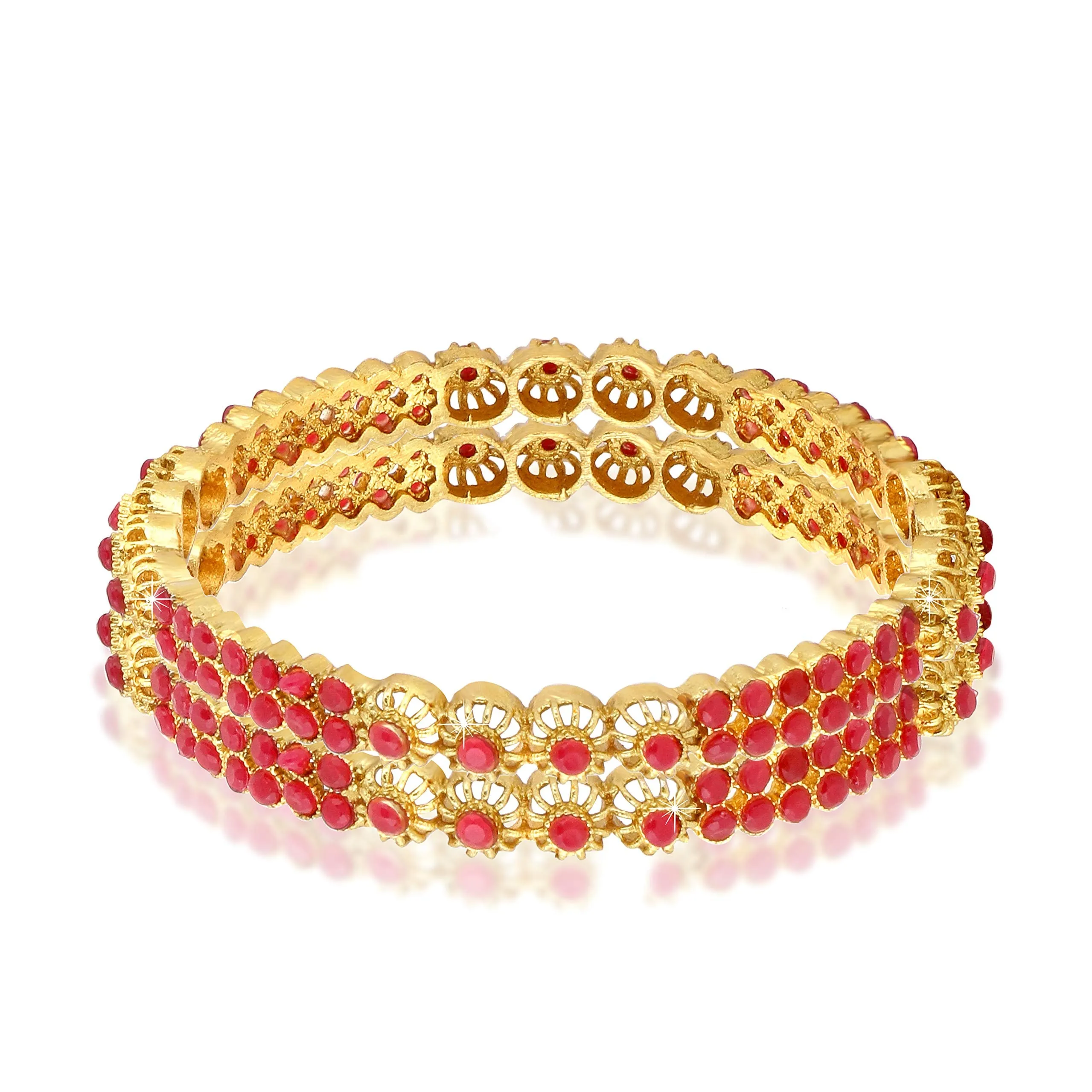 Yellow Chimes Designer Ruby Stones 2 PC Bangle Set Traditional Gold Plated Bangles for Women and Girls (2.8)