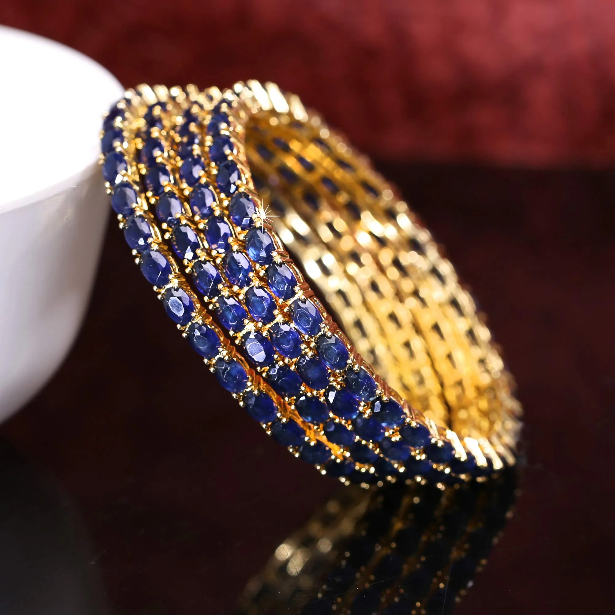 Yellow Chimes Elegant Sapphire Blue AD/American Diamond Studded 18k Gold Plated 4 PCs Handcrafted Bangles Set for Women & Girls (2.4)